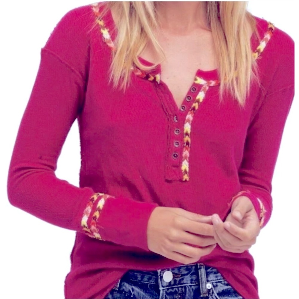 Free People We Are The Free Thermal Henley Top Rainbow Trim Pink Sz XS